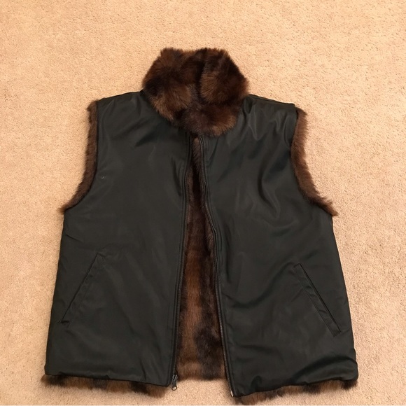 Womens Reversible Faux Mink Fur Vest Size Large Luxury Brown Black Outerwear - Picture 6 of 10